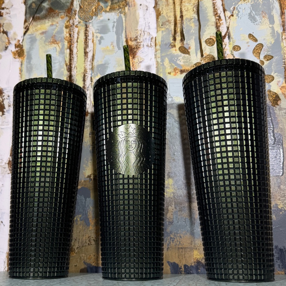 Starbucks Emerald Green Shimmer Disco Grid Tumbler Bundle